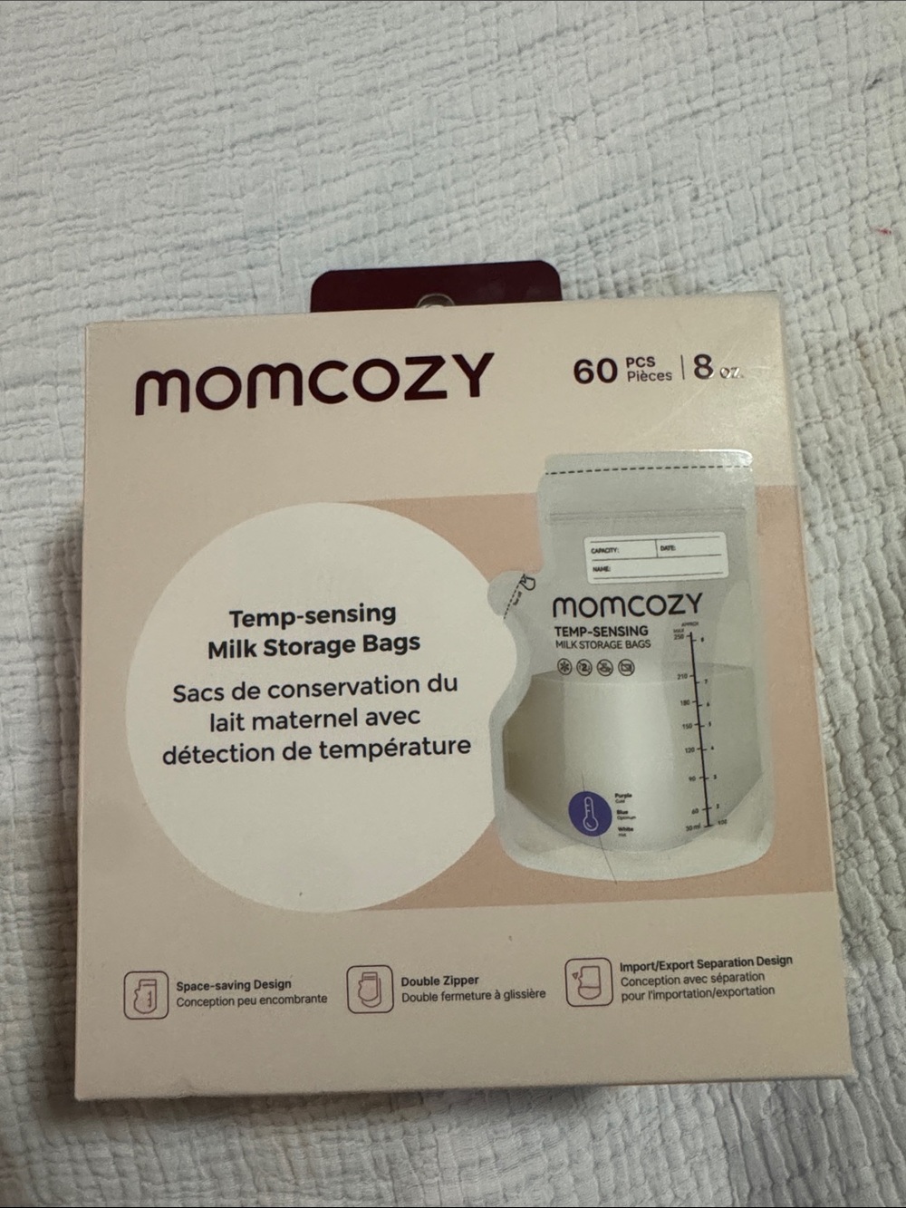 momcozy Temp-Sensing Milk Storage Bags - Cream & Mauve Packaging (60 pcs)